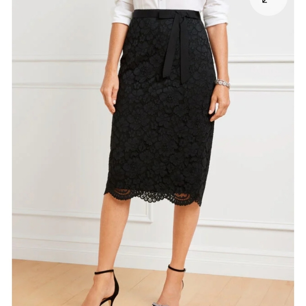 Talbots Black Floral Lace High Waisted Knee Length Pencil Skirt